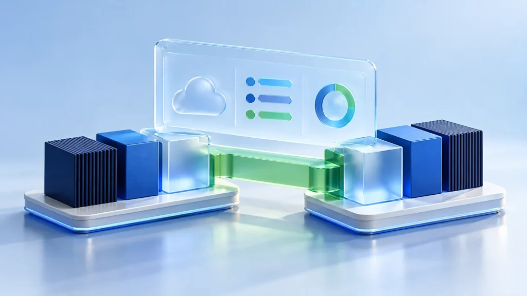 Two teams connected by a shared bridge support one technology environment.