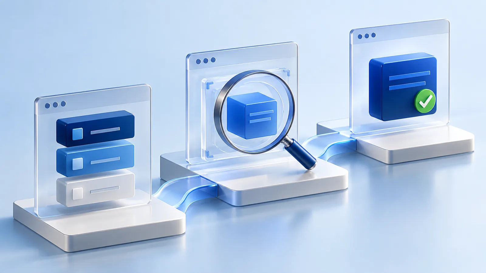 Software inventory, testing and a verified update, shown as three connected panels.