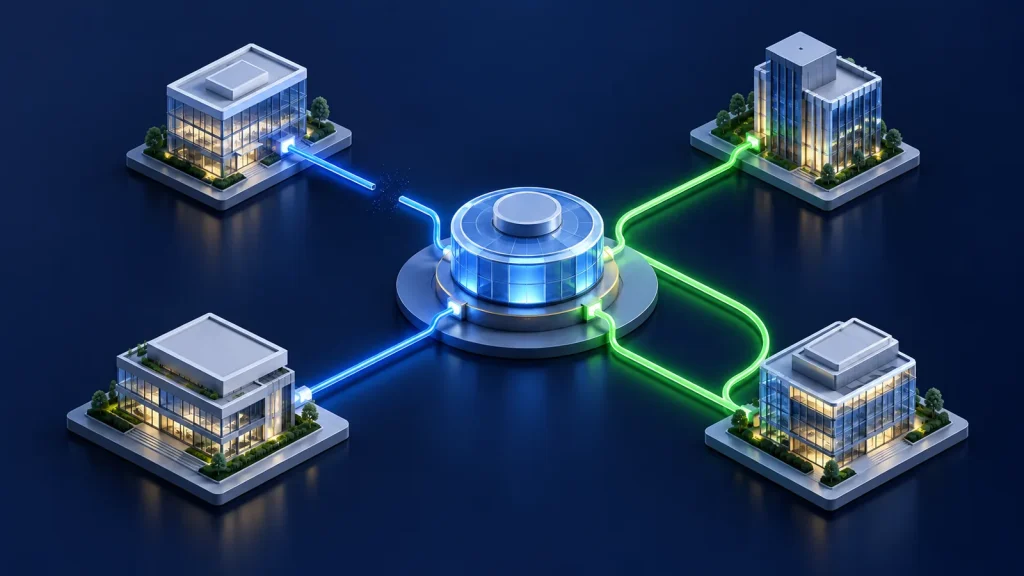 Businesses connected to a shared supplier, with an alternate route around a disruption.
